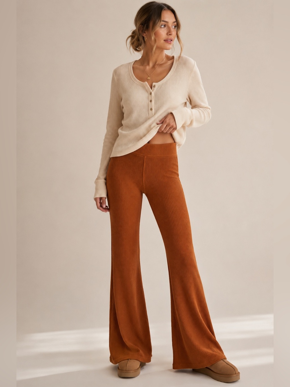 Aerie Waffle Knit Flare Pants Size Small Brown Lounge